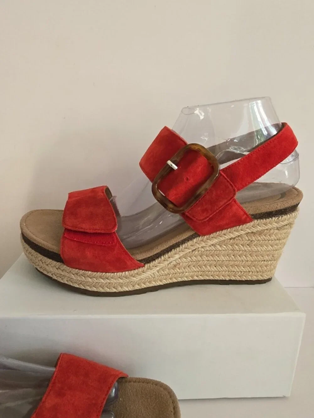Aetrex Ashley Red Wedge Espadrille Sandals 9 9.5 Shoes Buckle Leather Open Toe